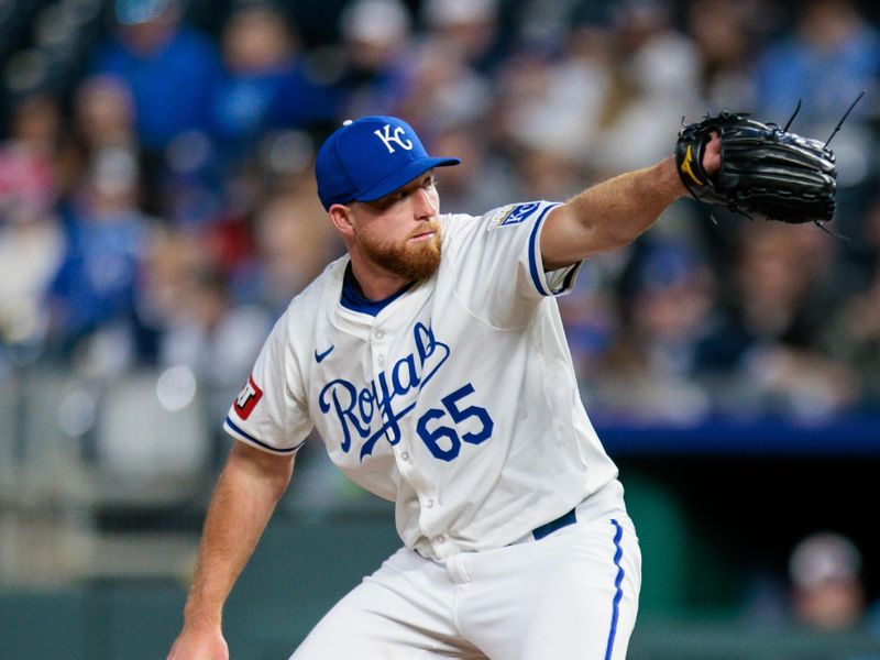 May 4, 2024; Kansas City, Missouri, USA; Kansas City Royals pitcher Matt Sauer (65) pitches during the ninth inning against the Texas Rangers at Kauffman Stadium. Mandatory Credit: William Purnell-USA TODAY Sports