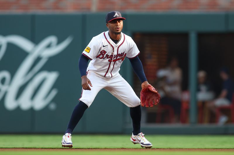 Jul 2, 2024; Atlanta, Georgia, USA; Atlanta Braves second baseman Ozzie Albies (1) in the field against the San Francisco Giants in the first inning at Truist Park. Mandatory Credit: Brett Davis-USA TODAY Sports