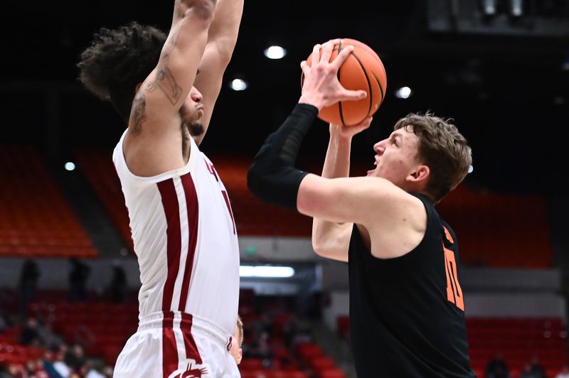 Feb 16, 2023; Pullman, Washington, USA; Oregon State Beavers forward Tyler Bilodeau (10) shoots the ball against Washington State Cougars forward DJ Rodman (11) in the second half at Friel Court at Beasley Coliseum. Washington State won 80-62. Mandatory Credit: James Snook-USA TODAY Sports