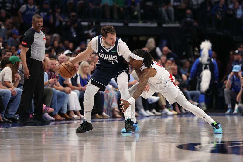 DALLAS, TX - APRIL 28: Luka Doncic #77 of the Dallas Mavericks dribbles the ball during the game against the LA Clippers during Round 1 Game 4 of the 2024 NBA Playoffs on April 28, 2024 at the American Airlines Center in Dallas, Texas. NOTE TO USER: User expressly acknowledges and agrees that, by downloading and or using this photograph, User is consenting to the terms and conditions of the Getty Images License Agreement. Mandatory Copyright Notice: Copyright 2024 NBAE (Photo by Tim Heitman/NBAE via Getty Images)