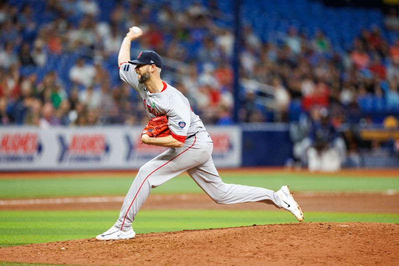 May 21, 2024; St. Petersburg, Florida, USA;  Boston Red Sox pitcher Chris Martin (55) throws a pitch against the Tampa Bay Rays in the eighth inning at Tropicana Field. Mandatory Credit: Nathan Ray Seebeck-USA TODAY Sports