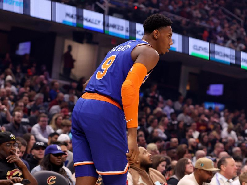 CLEVELAND, OH - MARCH 31: RJ Barrett #9 of the New York Knicks looks on during the game against the Cleveland Cavaliers  on March 31, 2023 at Rocket Mortgage FieldHouse in Cleveland, Ohio. NOTE TO USER: User expressly acknowledges and agrees that, by downloading and/or using this Photograph, user is consenting to the terms and conditions of the Getty Images License Agreement. Mandatory Copyright Notice: Copyright 2023 NBAE (Photo by  Lauren Leigh Bacho/NBAE via Getty Images)