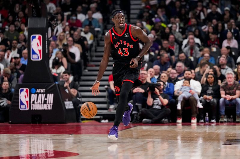 TORONTO, ON - APRIL 12: Pascal Siakam #43 of the Toronto Raptors dribbles the ball against the Chicago Bulls during the 2023 Play-In Tournament at the Scotiabank Arena on April 12, 2023 in Toronto, Ontario, Canada. NOTE TO USER: User expressly acknowledges and agrees that, by downloading and/or using this Photograph, user is consenting to the terms and conditions of the Getty Images License Agreement. (Photo by Andrew Lahodynskyj/Getty Images)