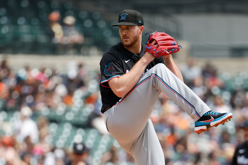 May 15, 2024; Detroit, Michigan, USA;  Miami Marlins pitcher Trevor Rogers (28) pitches in the first inning against the Detroit Tigers at Comerica Park. Mandatory Credit: Rick Osentoski-USA TODAY Sports