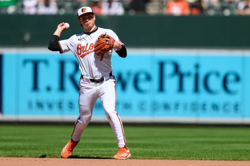 Sep 8, 2024; Baltimore, Maryland, USA; Baltimore Orioles second baseman Jackson Holliday (7) throws to first base during the seventh inning against the Tampa Bay Rays at Oriole Park at Camden Yards. Mandatory Credit: Reggie Hildred-Imagn Images