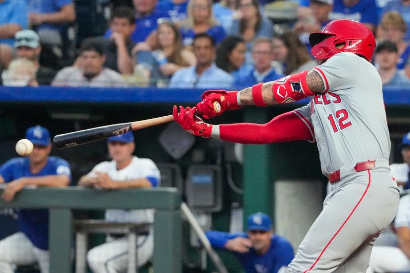 Aug 20, 2024; Kansas City, Missouri, USA; Los Angeles Angels center fielder Kevin Pillar (12) hits a one-run double against the Kansas City Royals in the fourth inning at Kauffman Stadium. Mandatory Credit: Denny Medley-USA TODAY Sports