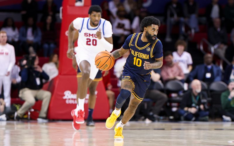 Jan 29, 2025; Dallas, Texas, USA;  California Golden Bears guard Jovan Blacksher Jr. (10) controls the ball past Southern Methodist Mustangs forward Jerrell Colbert (20) during the second half at Moody Coliseum. Mandatory Credit: Kevin Jairaj-Imagn Images