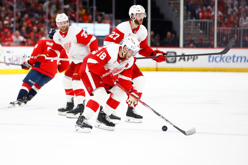 Mar 26, 2024; Washington, District of Columbia, USA; Detroit Red Wings center Andrew Copp (18) controls the puck against the Washington Capitals during the third period at Capital One Arena. Mandatory Credit: Amber Searls-USA TODAY Sports