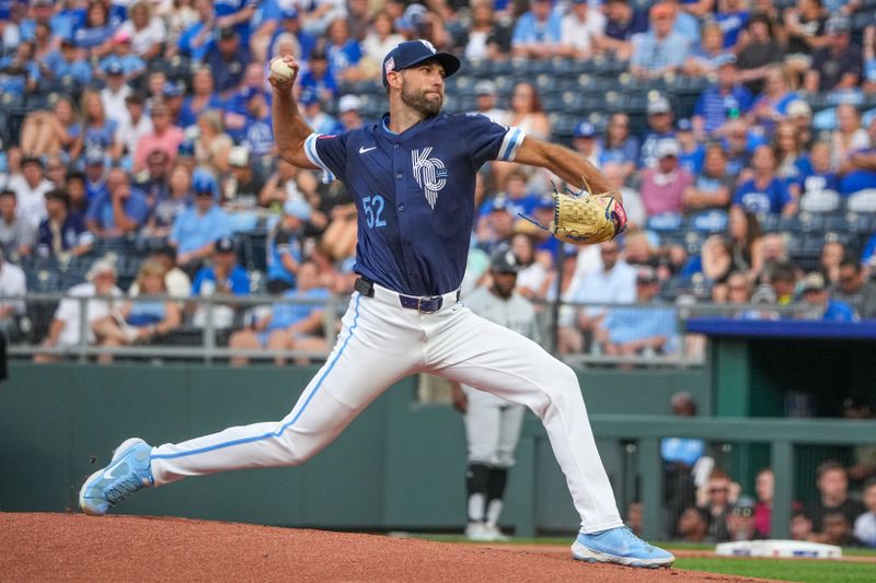 Jul 19, 2024; Kansas City, Missouri, USA; Kansas City Royals starting pitcher Michael Wacha (52) delivers a pitch against the Chicago White Sox in the first inning at Kauffman Stadium. Mandatory Credit: Denny Medley-USA TODAY Sports