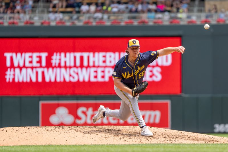 Jul 21, 2024; Minneapolis, Minnesota, USA; Milwaukee Brewers pitcher Rob Zastryzny (58) pitches in the fifth inning against the Minnesota Twins at Target Field. Mandatory Credit: Matt Blewett-USA TODAY Sports