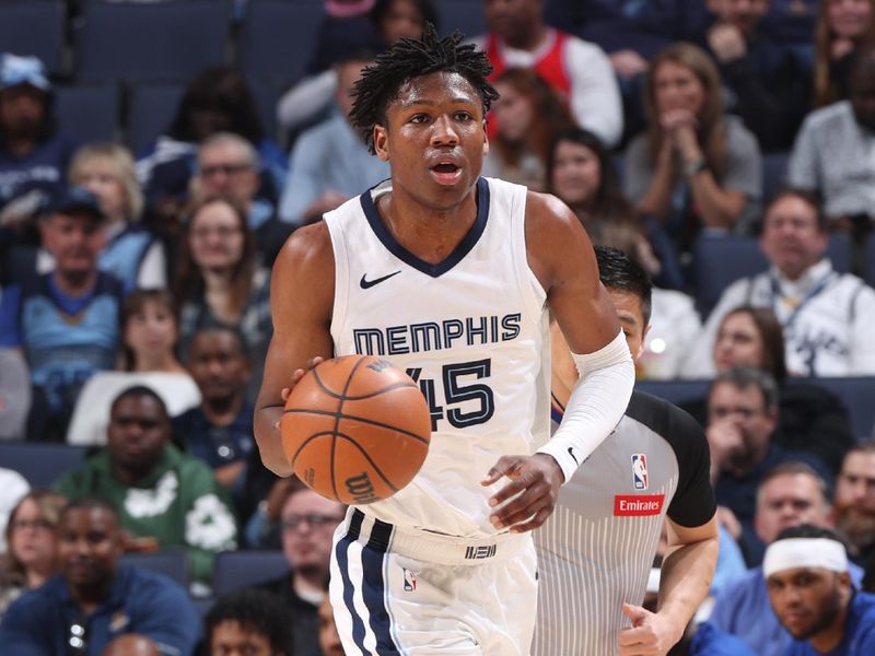 MEMPHIS, TN - APRIL 6: GG Jackson #45 of the Memphis Grizzlies dribbles the ball during the game against the Philadelphia 76ers on April 6, 2024 at FedExForum in Memphis, Tennessee. NOTE TO USER: User expressly acknowledges and agrees that, by downloading and or using this photograph, User is consenting to the terms and conditions of the Getty Images License Agreement. Mandatory Copyright Notice: Copyright 2024 NBAE (Photo by Joe Murphy/NBAE via Getty Images)