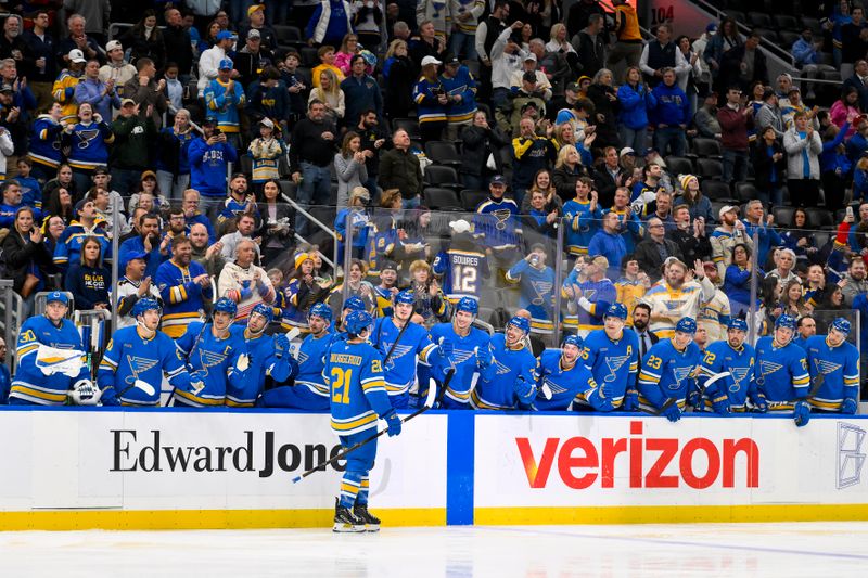 Oct 30, 2025; St. Louis, Missouri, USA; St. Louis Blues right wing Jimmy Snuggerud (21) is congratulated by teammates after scoring against the Vancouver Canucks during the second period at Enterprise Center. Mandatory Credit: Jeff Curry-Imagn Images