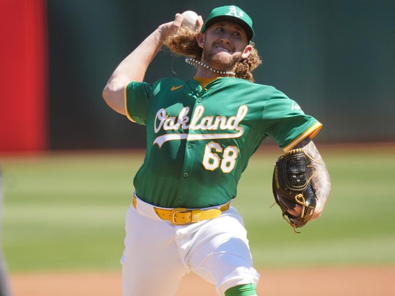 Sep 22, 2024; Oakland, California, USA; Oakland Athletics pitcher Joey Estes (68) delivers a pitch against the New York Yankees in the first inning at the Oakland-Alameda County Coliseum. Mandatory Credit: Cary Edmondson-Imagn Images
