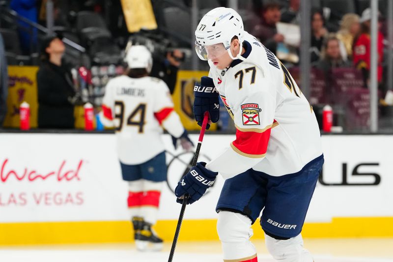 Jan 4, 2024; Las Vegas, Nevada, USA; Florida Panthers defenseman Niko Mikkola (77) warms up before a game against the Vegas Golden Knights at T-Mobile Arena. Mandatory Credit: Stephen R. Sylvanie-USA TODAY Sports