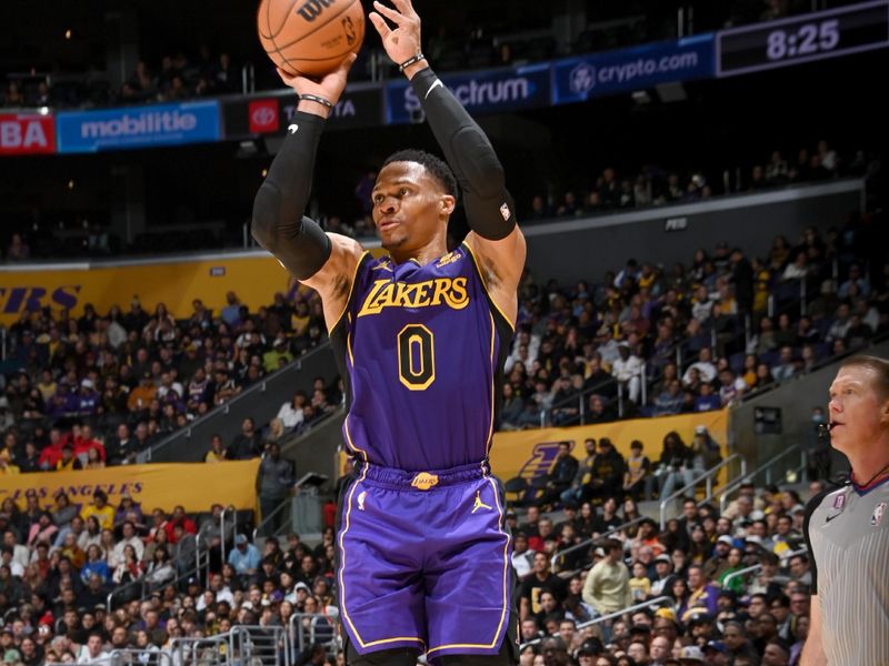 LOS ANGELES, CA - JANUARY 6: Russell Westbrook #0 of the Los Angeles Lakers shoots the ball during the game against the Atlanta Hawks on January 6, 2023 at Crypto.Com Arena in Los Angeles, California. NOTE TO USER: User expressly acknowledges and agrees that, by downloading and/or using this Photograph, user is consenting to the terms and conditions of the Getty Images License Agreement. Mandatory Copyright Notice: Copyright 2023 NBAE (Photo by Andrew D. Bernstein/NBAE via Getty Images)