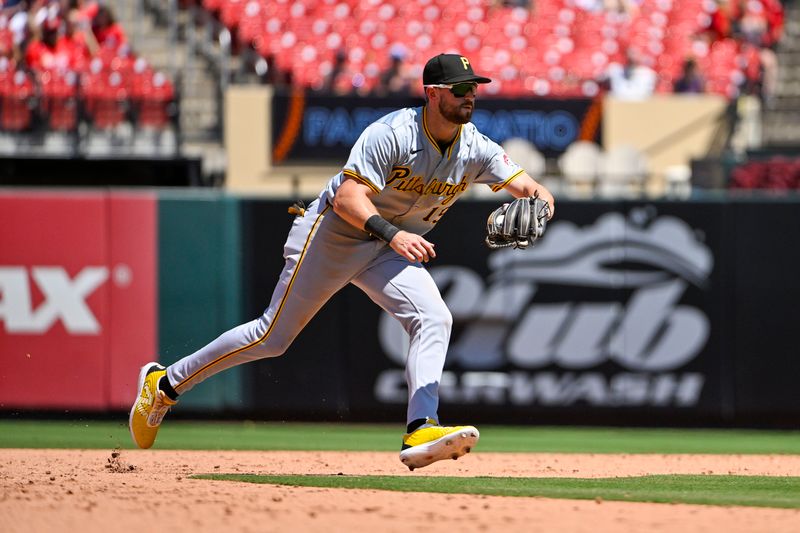 Jun 13, 2024; St. Louis, Missouri, USA;  Pittsburgh Pirates second baseman Jared Triolo (19) fields a ground ball against the St. Louis Cardinals during the sixth inning at Busch Stadium. Mandatory Credit: Jeff Curry-USA TODAY Sports