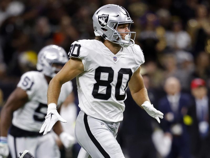 Las Vegas Raiders tight end Jesper Horsted (80) during an NFL football game against the New Orleans Saints, Sunday, Oct. 30, 2022, in New Orleans. (AP Photo/Tyler Kaufman)