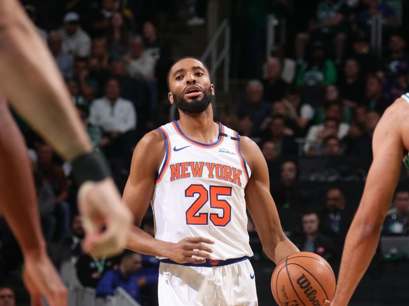 BOSTON, MA - May 7:   Mikal Bridges #25 of the New York Knicks dribbles the ball during the game against the Boston Celtics during Round 2 Game 2 of the 2025 NBA Playoffs  on May 7, 2025 at TD Garden in Boston, Massachusetts. NOTE TO USER: User expressly acknowledges and agrees that, by downloading and/or using this Photograph, user is consenting to the terms and conditions of the Getty Images License Agreement. Mandatory Copyright Notice: Copyright 2025 NBAE (Photo by Nathaniel S. Butler/NBAE via Getty Images)