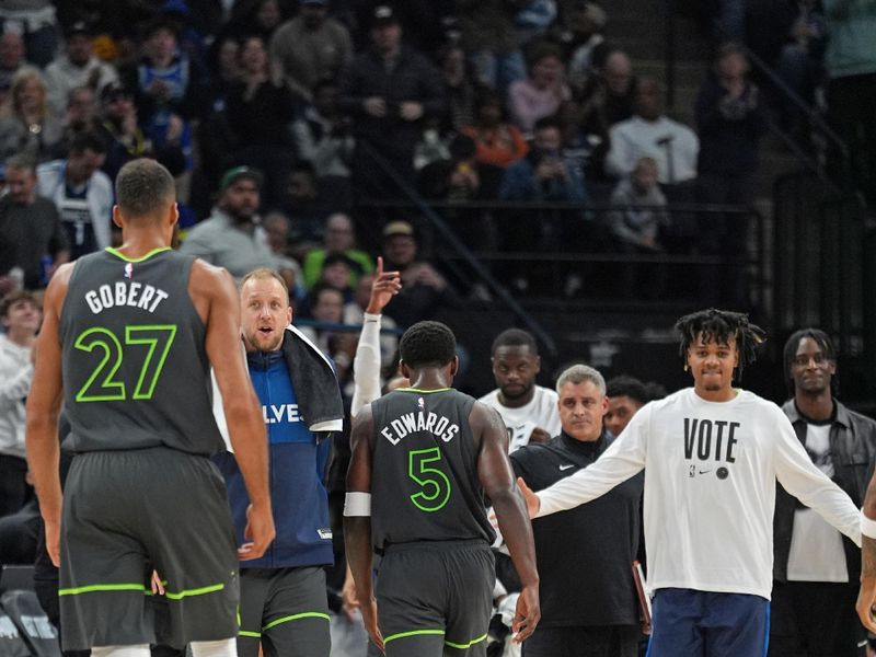 MINNEAPOLIS, MN - NOVEMBER 1: Anthony Edwards #5 of the Minnesota Timberwolves celebrates during the game against the Denver Nuggets on November 1, 2024 at Target Center in Minneapolis, Minnesota. NOTE TO USER: User expressly acknowledges and agrees that, by downloading and or using this Photograph, user is consenting to the terms and conditions of the Getty Images License Agreement. Mandatory Copyright Notice: Copyright 2024 NBAE (Photo by Jordan Johnson/NBAE via Getty Images)