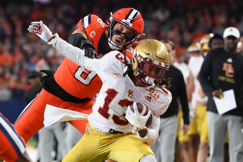 Nov 3, 2023; Syracuse, New York, USA; Boston College Eagles wide receiver Dino Tomlin (13) runs with the ball as Syracuse Orange defensive back Justin Barron (8) tackles during the first half at the JMA Wireless Dome. Mandatory Credit: Rich Barnes-USA TODAY Sports