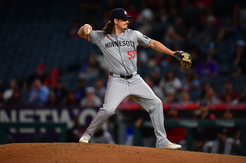Sep 9, 2025; Anaheim, California, USA; Minnesota Twins third baseman Ryan Fitzgerald (53) throws in relief against the Los Angeles Angels during the eighth inning at Angel Stadium. Mandatory Credit: Gary A. Vasquez-Imagn Images