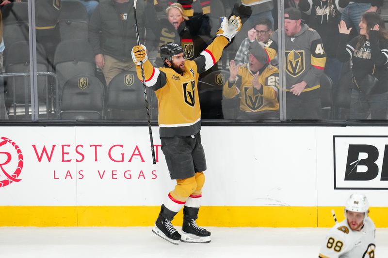 Jan 11, 2024; Las Vegas, Nevada, USA; Vegas Golden Knights defenseman Alex Pietrangelo (7) celebrates after scoring a goal against the Boston Bruins in overtime to give the Golden Knights a 2-1 victory at T-Mobile Arena. Mandatory Credit: Stephen R. Sylvanie-USA TODAY Sports