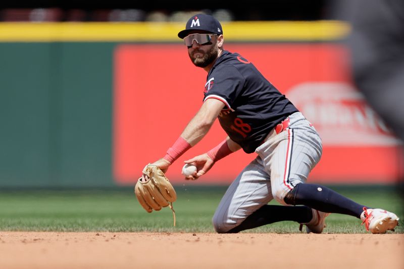Jun 1, 2025; Seattle, Washington, USA; Minnesota Twins second baseman Kody Clemens (18) prepares to throw Seattle Mariners Left fielder Randy Arozarena (not pictured) out at first during the fourth inning at T-Mobile Park. Mandatory Credit: John Froschauer-Imagn Images
