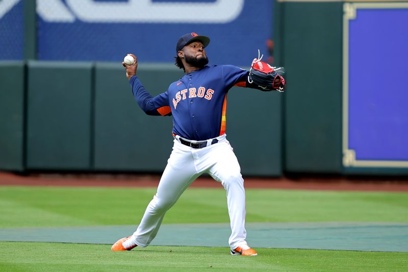 May 2, 2023; Houston, Texas, USA; Houston Astros starting pitcher Cristian Javier (53) works out prior to the game against the San Francisco Giants at Minute Maid Park. Mandatory Credit: Erik Williams-USA TODAY Sports