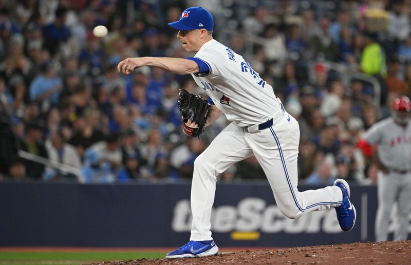 Aug 22, 2024; Toronto, Ontario, CAN;  Toronto Blue Jays relief pitcher Ryan Yarborough (35) delivers a pitch against the Los Angeles Angels in the fifth inning at Rogers Centre. Mandatory Credit: Dan Hamilton-USA TODAY Sports