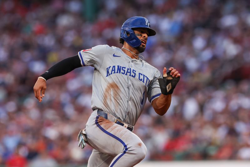 Jul 12, 2024; Boston, Massachusetts, USA; Kansas City Royals left fielder MJ Melendez (1) runs to third during the second inning against the Boston Red Sox at Fenway Park. Mandatory Credit: Paul Rutherford-USA TODAY Sports