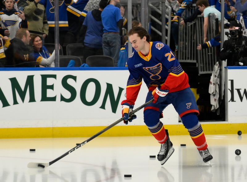 Apr 1, 2025; St. Louis, Missouri, USA; St. Louis Blues right wing Jimmy Snuggerud (21) takes the ice for his rookie lap before his NHL debut against the Detroit Red Wings at Enterprise Center. Mandatory Credit: Jeff Le-Imagn Images