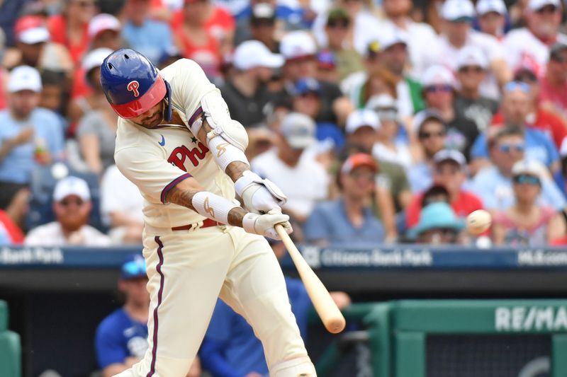 Jun 11, 2023; Philadelphia, Pennsylvania, USA; Philadelphia Phillies right fielder Nick Castellanos (8) hits a two run home run against the Los Angeles Dodgers during the seventh inning at Citizens Bank Park. Mandatory Credit: Eric Hartline-USA TODAY Sports