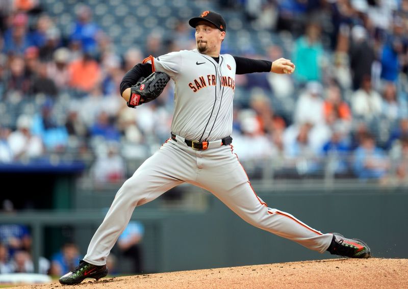 Sep 22, 2024; Kansas City, Missouri, USA; San Francisco Giants starting pitcher Blake Snell (7) pitches during the first inning against the Kansas City Royals at Kauffman Stadium. Mandatory Credit: Jay Biggerstaff-Imagn Images