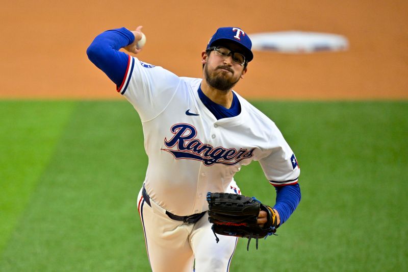 Apr 23, 2024; Arlington, Texas, USA; Texas Rangers starting pitcher Dane Dunning (33) pitches against the Seattle Mariners during the first inning at Globe Life Field. Mandatory Credit: Jerome Miron-USA TODAY Sports