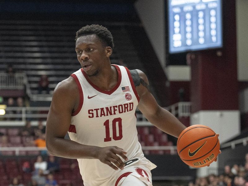 Feb 26, 2025; Stanford, California, USA;  Stanford Cardinal forward Chisom Okpara (10) drives the ball during the first half against the Boston College Eagles at Maples Pavilion. Mandatory Credit: Stan Szeto-Imagn Images