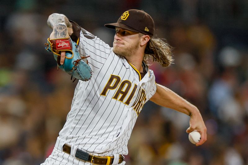 Jul 29, 2023; San Diego, California, USA; San Diego Padres relief pitcher Josh Header (71) throws a pitch during the ninth inning against the Texas Rangers at Petco Park. Mandatory Credit: David Frerker-USA TODAY Sports