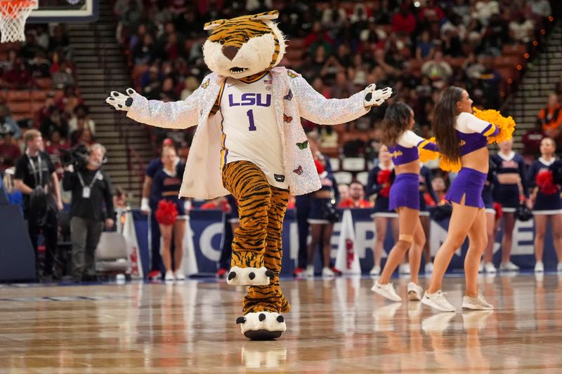 Mar 9, 2024; Greensville, SC, USA; LSU Lady Tigers mascot Mike the Tiger performs during the first half of a game between the LSU Lady Tigers and the Ole Miss Rebels at Bon Secours Wellness Arena. Mandatory Credit: Jim Dedmon-USA TODAY Sports