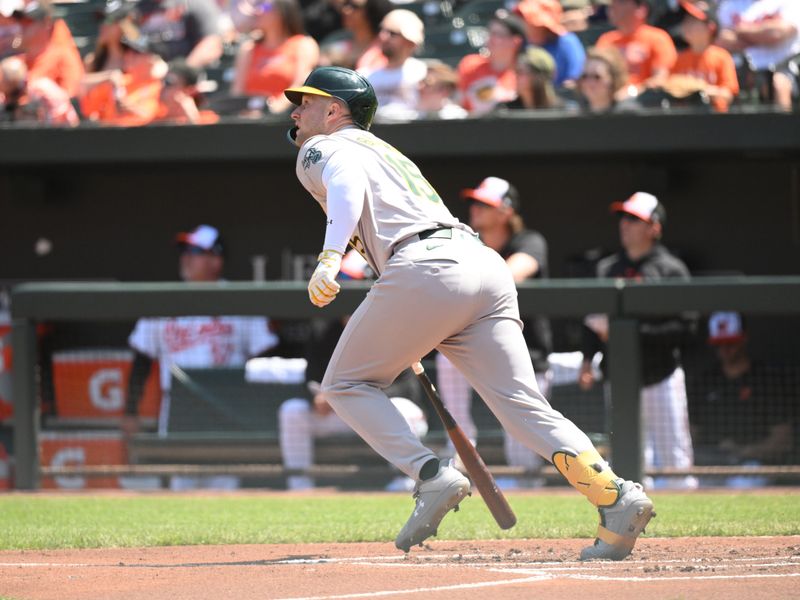 Apr 28, 2024; Baltimore, Maryland, USA;  Oakland Athletics left fielder Seth Brown (15) hits a solo home run during the first inning against the Baltimore Orioles at Oriole Park at Camden Yards. Mandatory Credit: James A. Pittman-USA TODAY Sports