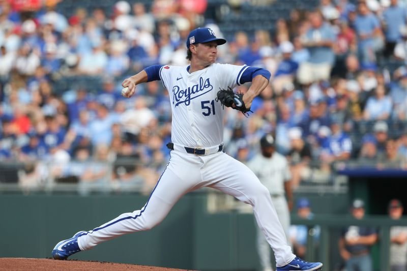 Jul 20, 2024; Kansas City, Missouri, USA; Kansas City Royals starting pitcher Brady Singer (51) pitches against the Chicago White Sox during the first inning at Kauffman Stadium. Mandatory Credit: Scott Sewell-USA TODAY Sports