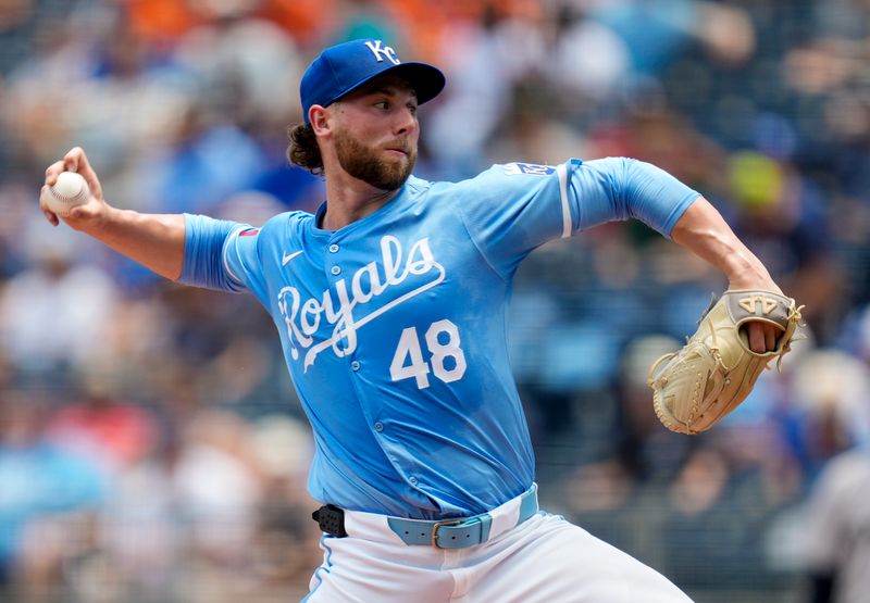 Jun 13, 2024; Kansas City, Missouri, USA; Kansas City Royals starting pitcher Alec Marsh (48) pitches during the first inning against the New York Yankees at Kauffman Stadium. Mandatory Credit: Jay Biggerstaff-USA TODAY Sports