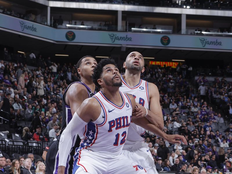 SACRAMENTO, CA - MARCH 25:  Tobias Harris #12 of the Philadelphia 76ers boxes out Keegan Murray #13 of the Sacramento Kings during the game  on March 25, 2024 at Golden 1 Center in Sacramento, California. NOTE TO USER: User expressly acknowledges and agrees that, by downloading and or using this Photograph, user is consenting to the terms and conditions of the Getty Images License Agreement. Mandatory Copyright Notice: Copyright 2024 NBAE (Photo by Rocky Widner/NBAE via Getty Images)