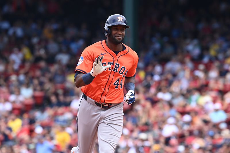 Aug 11, 2024; Boston, Massachusetts, USA; Houston Astros left fielder Yordan Alvarez (44) reacts to hitting a home run during the fifth inning against the Boston Red Sox at Fenway Park. Mandatory Credit: Eric Canha-USA TODAY Sports