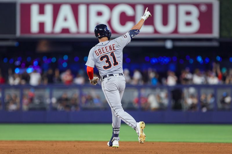 Jul 29, 2023; Miami, Florida, USA; Detroit Tigers center fielder Riley Greene (31) circles the bases after hitting a solo home run against the Miami Marlins during the sixth inning at loanDepot Park. Mandatory Credit: Sam Navarro-USA TODAY Sports