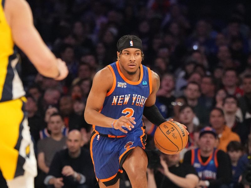 NEW YORK, NY - FEBRUARY 10: Miles McBride #2 of the New York Knicks dribbles the ball during the game against the Indiana Pacers on February 10, 2024 at Madison Square Garden in New York City, New York.  NOTE TO USER: User expressly acknowledges and agrees that, by downloading and or using this photograph, User is consenting to the terms and conditions of the Getty Images License Agreement. Mandatory Copyright Notice: Copyright 2024 NBAE  (Photo by Jesse D. Garrabrant/NBAE via Getty Images)