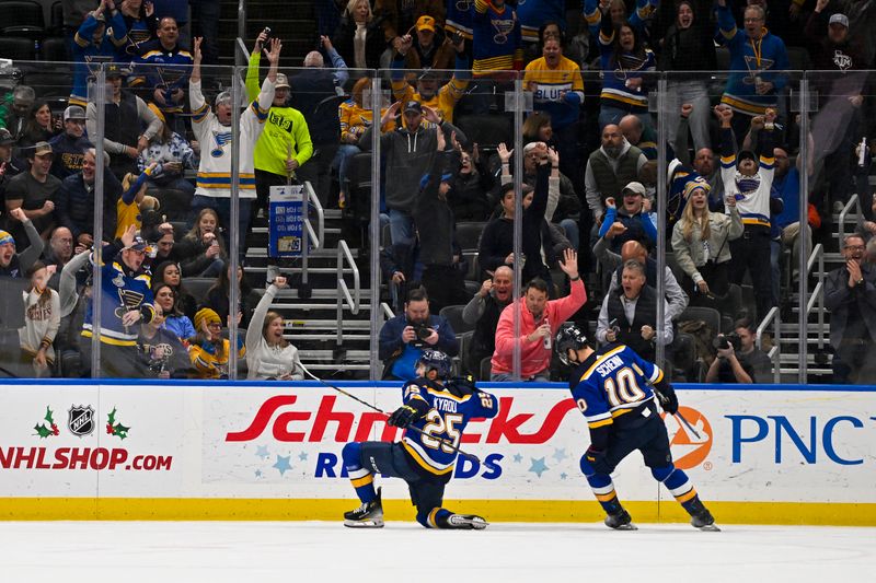 Dec 6, 2023; St. Louis, Missouri, USA;  St. Louis Blues center Jordan Kyrou (25) reacts after scoring against the Vegas Golden Knights during the first period at Enterprise Center. Mandatory Credit: Jeff Curry-USA TODAY Sports