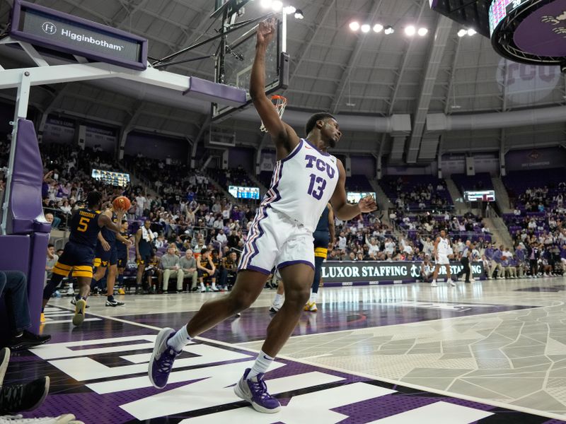 Jan 31, 2023; Fort Worth, Texas, USA; TCU Horned Frogs guard Shahada Wells (13) celebrates after scoring against the West Virginia Mountaineers during the first half at Ed and Rae Schollmaier Arena. Mandatory Credit: Chris Jones-USA TODAY Sports