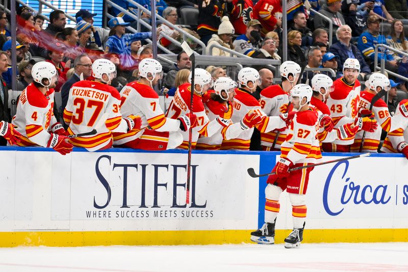 Nov 11, 2025; St. Louis, Missouri, USA; Calgary Flames right wing Matt Coronato (27) is congratulated by teammates after scoring against the St. Louis Blues during the second period at Enterprise Center. Mandatory Credit: Jeff Curry-Imagn Images