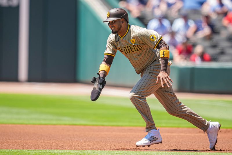 May 20, 2024; Cumberland, Georgia, USA; San Diego Padres designated hitter Luis Arraez (4) runs the base against the Atlanta Braves during the first inning at Truist Park. Mandatory Credit: Dale Zanine-USA TODAY Sports