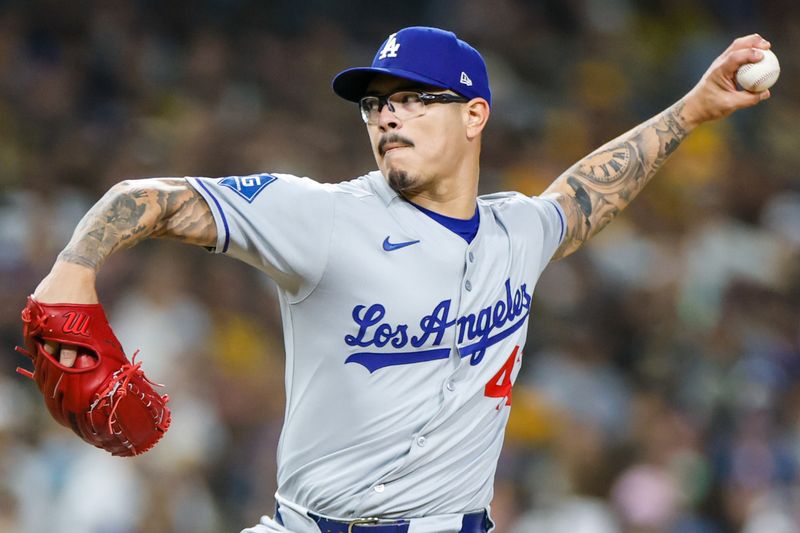 Jun 9, 2025; San Diego, California, USA; Los Angeles Dodgers relief pitcher Anthony Banda (43) throws a pitch during the sixth inning against the San Diego Padres at Petco Park. Mandatory Credit: David Frerker-Imagn Images
