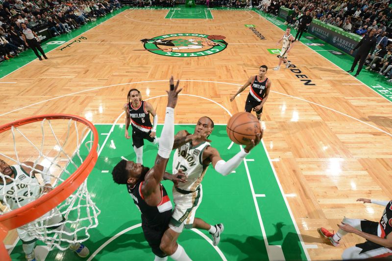 BOSTON, MA - APRIL 7: Oshae Brissett #12 of the Boston Celtics goes to the basket during the game on April 7, 2024 at the TD Garden in Boston, Massachusetts. NOTE TO USER: User expressly acknowledges and agrees that, by downloading and or using this photograph, User is consenting to the terms and conditions of the Getty Images License Agreement. Mandatory Copyright Notice: Copyright 2024 NBAE  (Photo by Brian Babineau/NBAE via Getty Images)